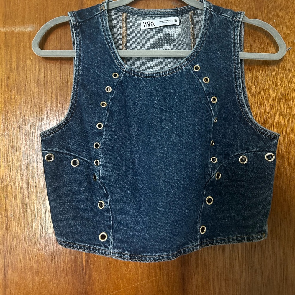 Zara Dark Blue Denim Eyelet Top